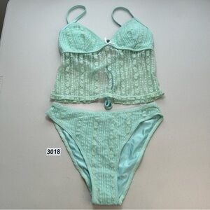 Samiol Small Cyan Hollow Lace Tankini Set Beachwear